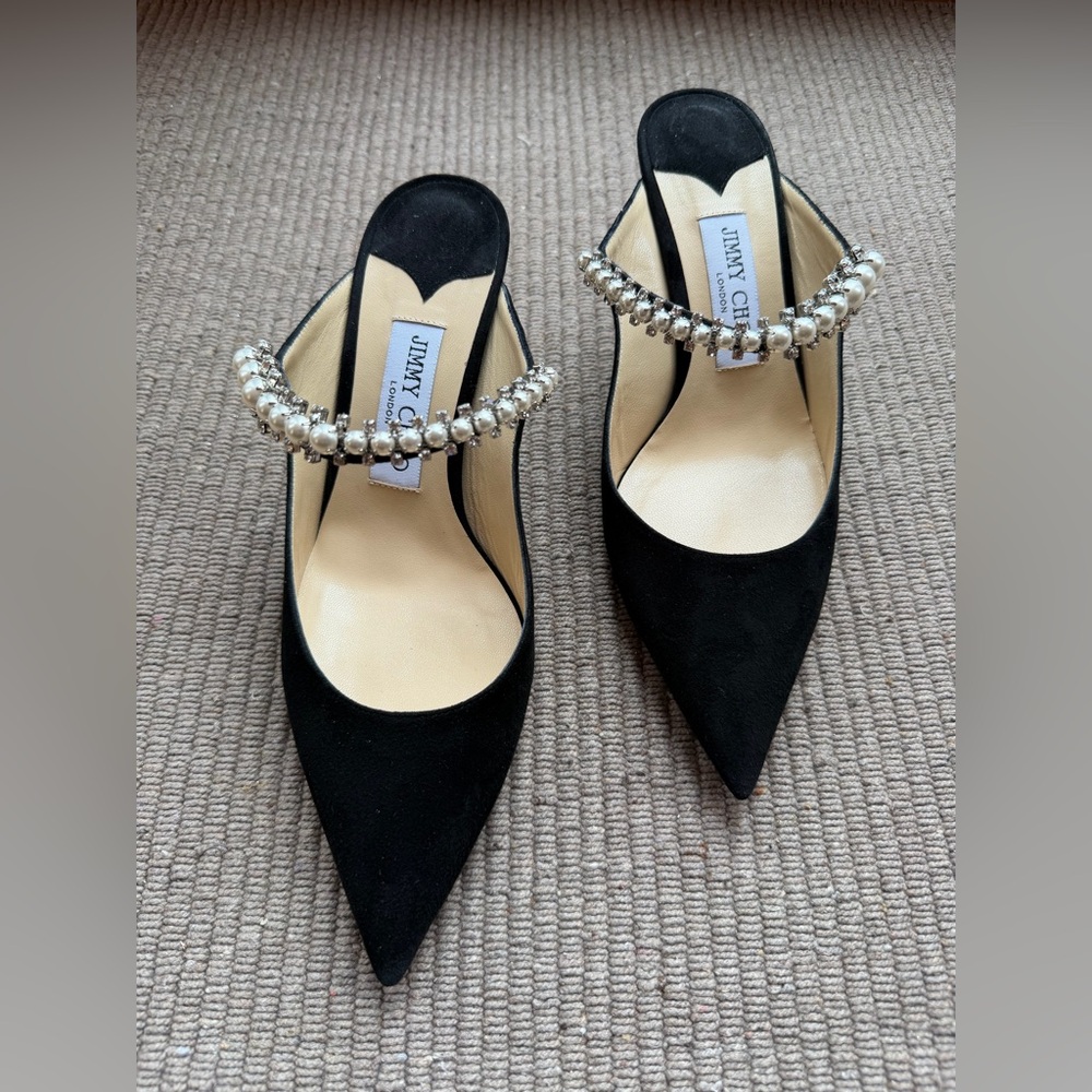 Jimmy Choo Black Heels with Pearl Embellishments